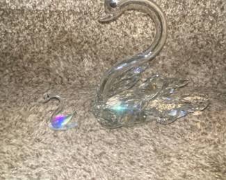 Glass Swan Figurines  Pair Clear and Iridescent