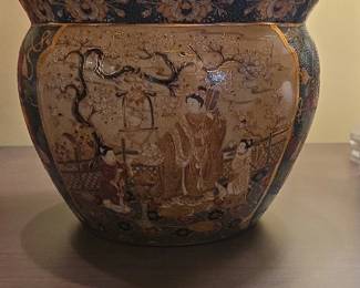 Vintage Satsuma Style Porcelain Fish Bowl Planter with Koi Fish and Figures