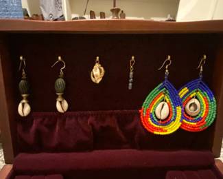 Assorted Maasai Beaded and Shell Earrings with Wooden Box
