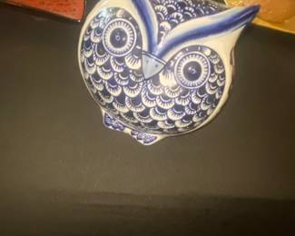 Pier Imports Blue and White Chinoiserie Ceramic Owl Figurine