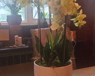 Artificial Phalaenopsis Orchid Arrangement in White Ribbed Ceramic Planter