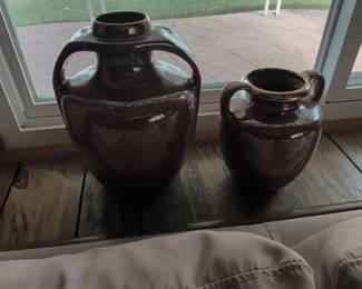 Pair of Brown Glazed Stoneware Jugs with Gold Trim