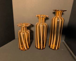 Amber and White Striped Blown Glass Vase Set third image