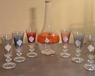 Vintage Amber Glass Decanter and Cordial Glasses Set with White Floral Motif and Gold Banding  Lubiana Style