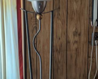 Modern Arc Floor Lamp with Frosted Glass Shade and Wooden Ball Detail