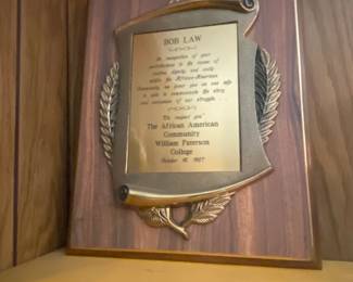 Bob Law Recognition Plaque from William Paterson College