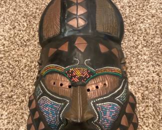 African Beaded Wood Mask with Copper Accents