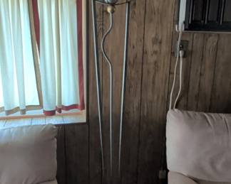 Modern Arc Floor Lamp with Frosted Glass Shade and Wooden Ball Detail second image
