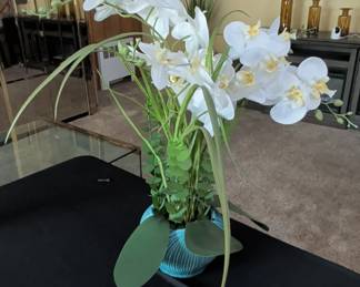 Artificial White Phalaenopsis Orchid Arrangement in Blue Ceramic Vase second image