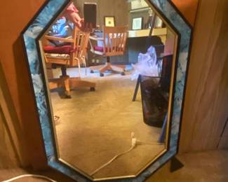 Octagonal Mirror with Blue Swirl Pattern and Gold Accent
