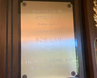 Bob Law Certificate of Appreciation Plaque
