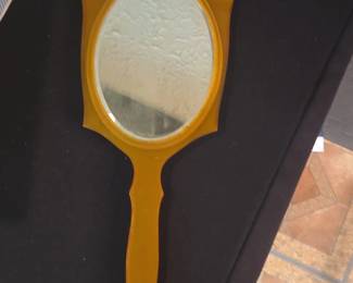 Vintage Yellow Celluloid Hand Mirror with Decorative Handle