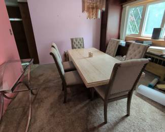 Travertine Dining Table with Upholstered Chairs third image