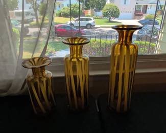 Amber and White Striped Blown Glass Vase Set