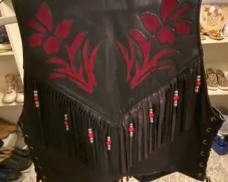 M.C. Leathers Black Leather Vest with Red Floral Appliqu and Beaded Fringe