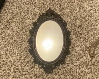 Ornate Oval Hand Mirror with Black Leather Back