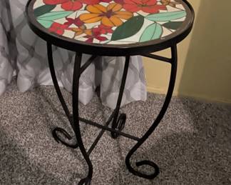 Floral Mosaic Top Side Table with Wrought Iron Base