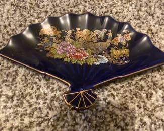 Vintage Japanese Cobalt Blue FanShaped Trinket Dish with Peacock and Floral Motif
