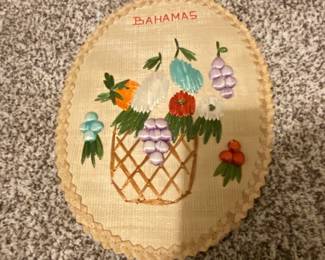 Vintage Bahamas Woven Wall Hanging with Embroidered Fruit Basket