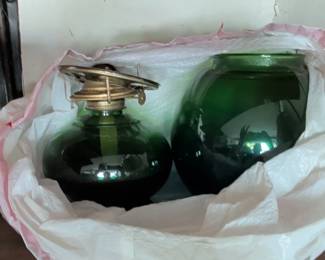 Vintage PA Mfg Co. Eagle Burner Green Glass Oil Lamp with Matching Vase