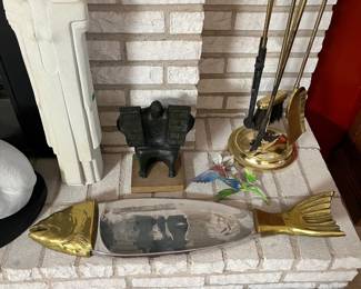 Marbell By Slone Art Belgium Stone Sculpture; VTG Brass/Aluminum Fish