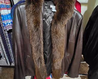Leather and fur collar coat