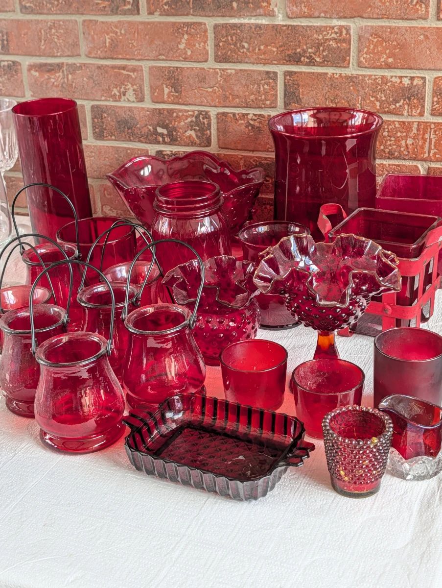 Vintage Ruby Red Glassware..  cranberry hobnail glass, King's crown pattern, and Indiana Tiara Dew Drop candy dishes.