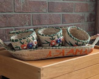 Vintage Jamaican souvenir set of woven rattan tray and cups