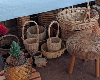 Vintage wicker baskets and stool
