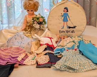 Vintage 1950's Betsy McCall Doll case with original and handmade doll clothes. Bride Doll is in her original dress.