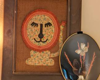 Vintage 70's crewel embroidery lion art, and 70's bohemian pressed butterfly wall decor