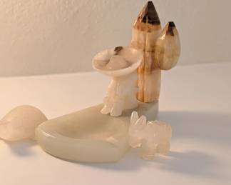 Vintage Mexican onyx marble tray/decor of sleeping man, and an onyx marble turtle and donkey