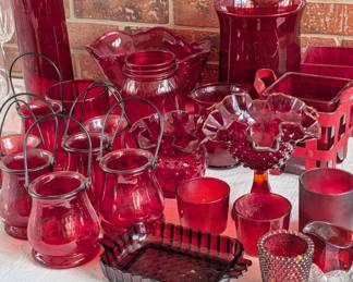 Vintage Ruby Red Glassware.. cranberry hobnail glass, King's crown pattern, and Indiana Tiara Dew Drop candy dishes.