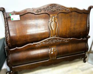 Carved Wood Sleigh Bed Headboard & Footboard