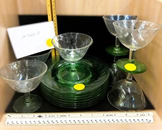  Lot of Green Glass Dessert Plates and Stemware