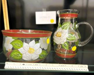  Hand-Painted Glass Magnolia Pitcher and Bowl Set