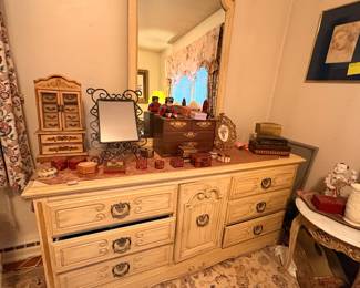 Light colored wood dovetail antique with mirror well-made signed dresser and a side table on top of it many Antique boxes Brass glass jewelry box some in laid