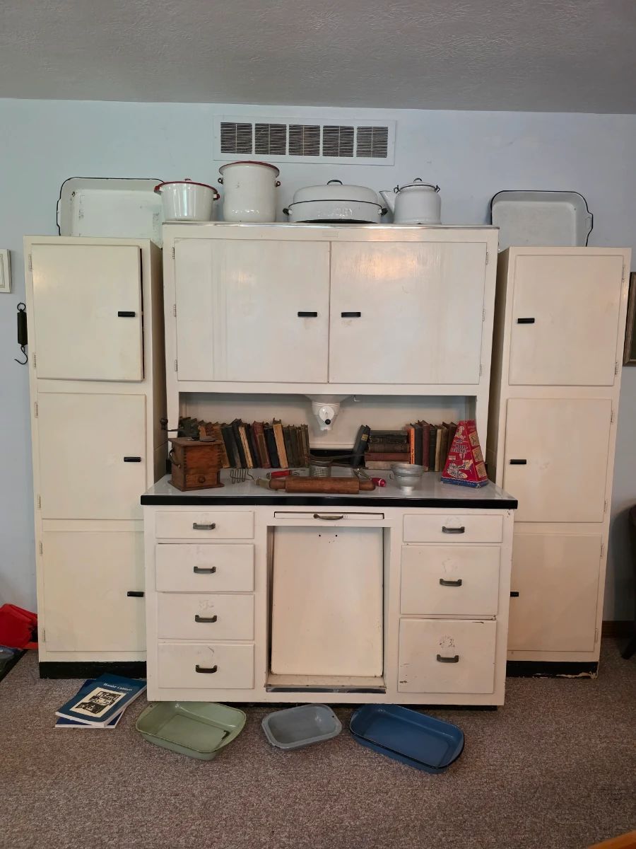 Gorgeous Hoosier Cabinet with matching chimney" cabinets (or chimney closets) manufactured byHoosier-Aide 