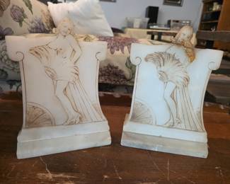 Art Deco alabaster lamps Dancing female nudes, 1920s or 1930s on has been repaired.