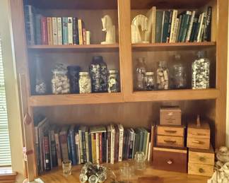Assorted Books and Collectibles on Vintage Oak Bookcase