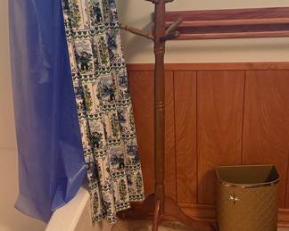 Vintage Wooden Coat Rack with Dutch Village Scene Shower Curtain and Gold Quilted Waste Bin