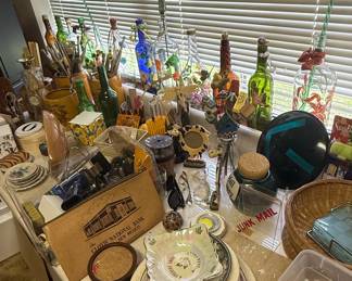 Assorted Decorative Glass Bottles, Souvenir Plates, and Collectibles