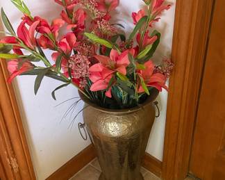 Hammered Brass Vase with Gladiolus and Lily Arrangement