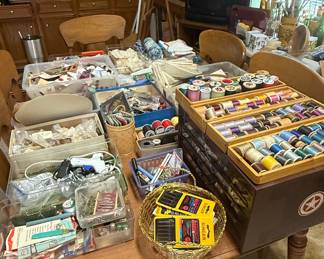 Vintage Wooden Sewing Box with Assorted Notions and Thread Spools