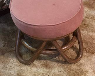 Mid-Century Pink Upholstered Rattan Ottoman