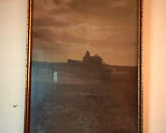 Framed Sepia Tone Photograph of a Horse-Drawn Wagon