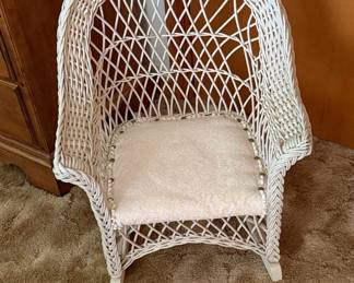 White Wicker Child's Rocking Chair with Floral Cushion