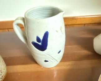 Williamsburg Pottery Salt Glazed Pitcher with Blue Floral Motif