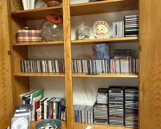 Oak CD Storage Cabinet with Assorted Decorative Items