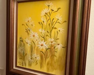 Floral Painting by Ellen W. Verrill - White Daisies on Yellow Background